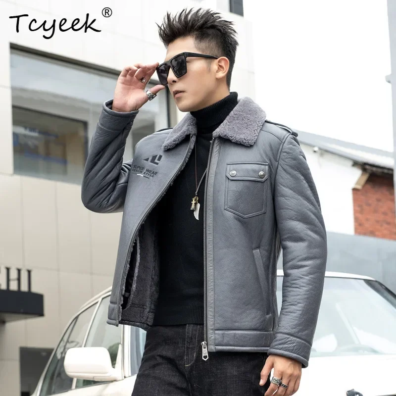 Tcyeek หนังแกะจริงขนสัตว์ CoatsMotocycle แจ็คเก็ตของแท้หนังแจ็คเก็ตขนสัตว์ธรรมชาติผู้ชายฤดูหนาวเสื้อผ้าМуж