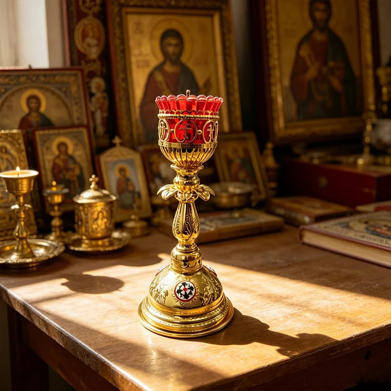 Orthodoxe Vigil-Lampe mit Rotem Glas und Goldmetallständer, 11,6 Zoll, Verzierter Kerzenhalter für Heimaltar, Christliche Dekoration, Geschenk – Detail 4