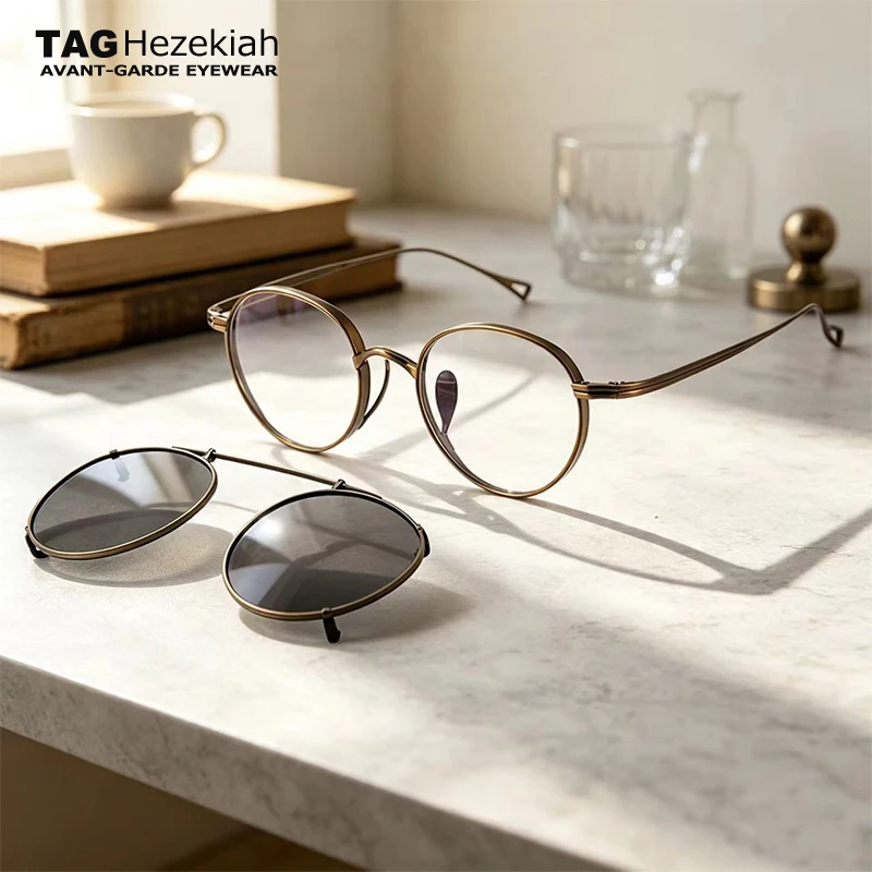 2027 titanium Elliptical glasses Frame men Fashion high quality Polarized Sunglasses Clip driving women Vintage Brand Eyeglasses