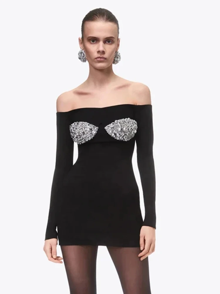 

Sexy Off Shoulder Diamond Bandage Dress Women Black Slash Neck Long Sleeve Beaded Diamond Bodycon Mini Dress Celebrity Party
