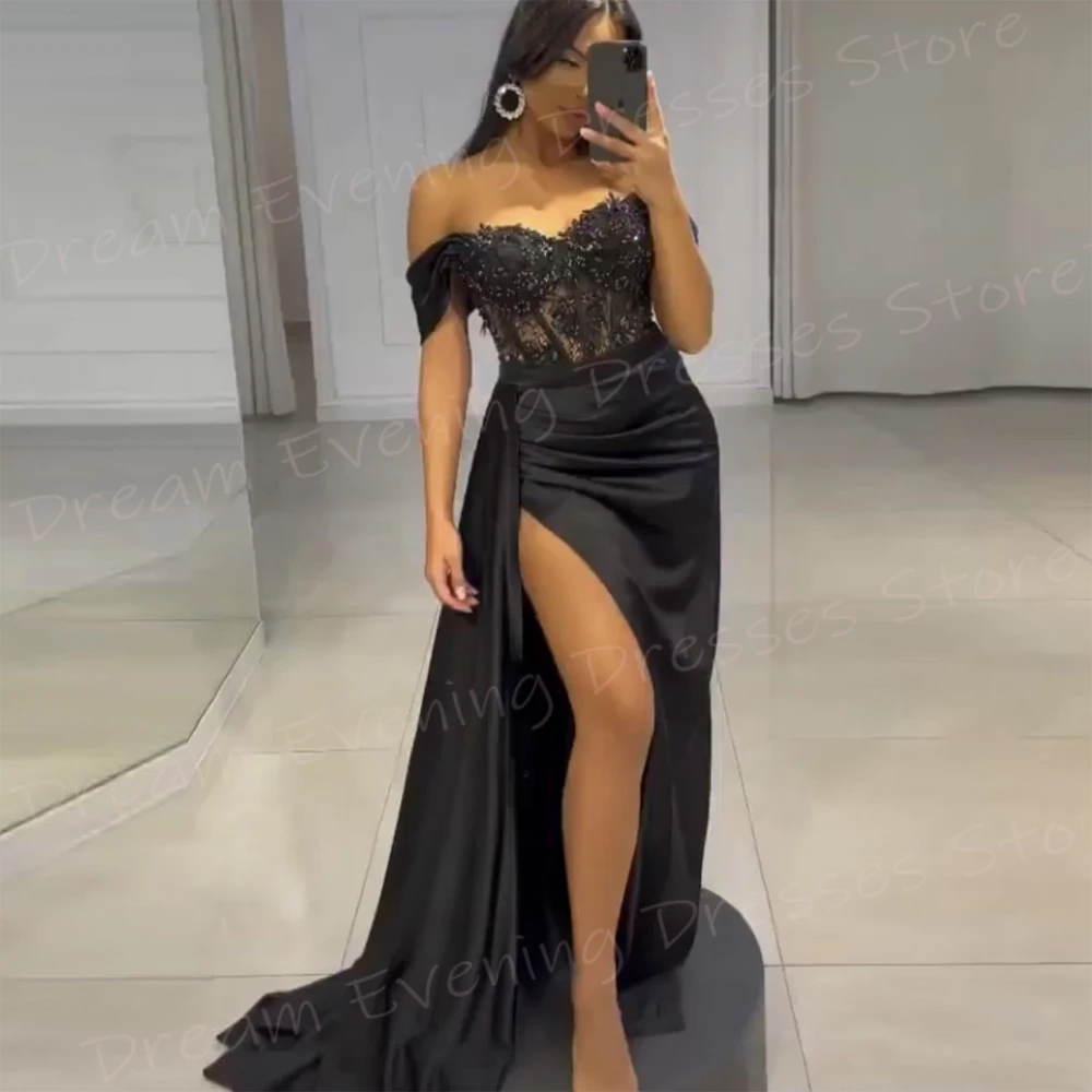 Classic Black Mermaid Pretty women's Evening Dresses Off The Shoulder Appliques abiti da ballo Sexy Side High Split Vestido De Noche