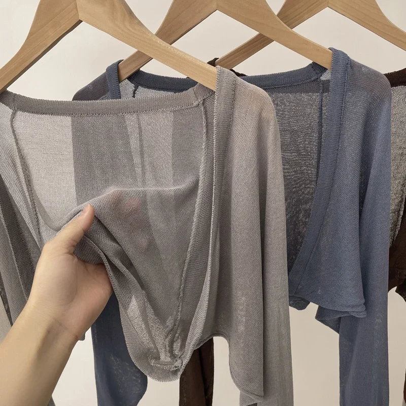 Cárdigan corto de punto de seda de hielo con protección solar para mujer, falda fina con tirantes, chaqueta de gasa en capas, cubierta con aire acondicionado