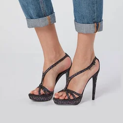 Sparkling Black Glitter Sandals Stiletto Heel Ankle Strap Platform Sandal Summer Fashion Women Sexy Daily Dress Casual Pumps