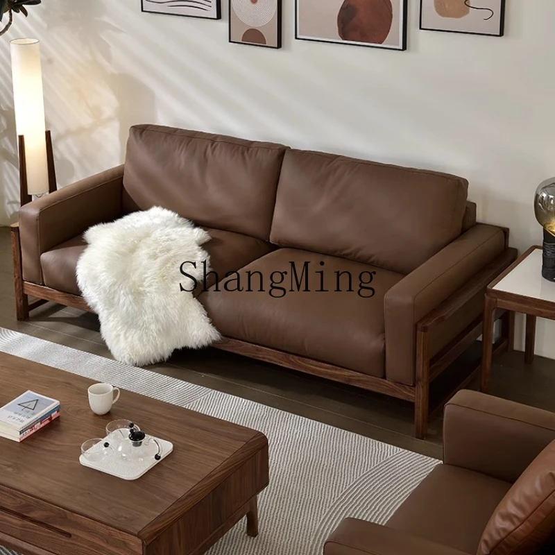 FG good-looking  black walnut leather sofa light luxury simple villa living room sofa