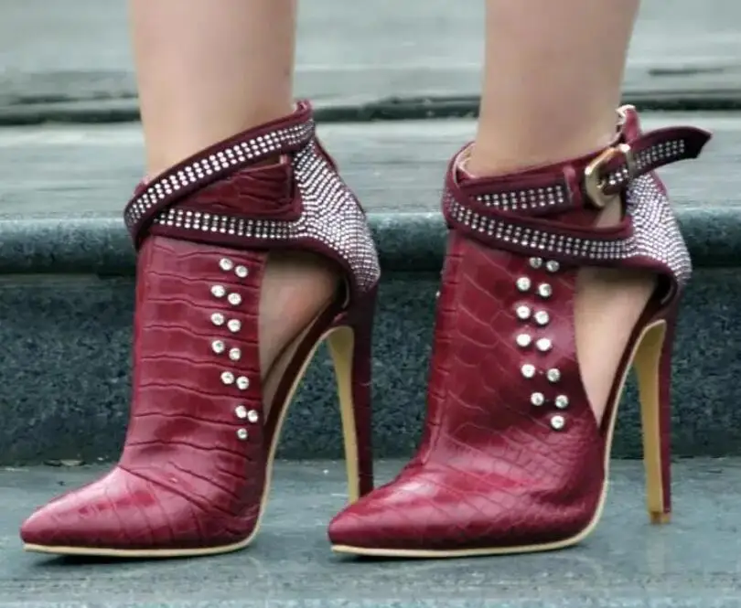 

Ladies Crocodile Grain Leather Bling Rivets Studs Sandal Boots Stiletto High Heels Crystal Metal Buckle Spring Ankle Boots Shoes