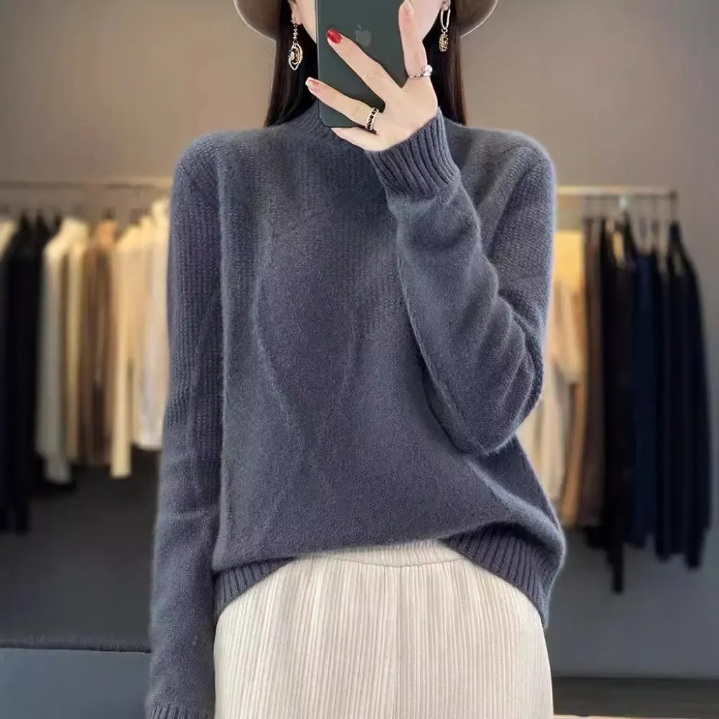 

Women's Thickened 100% Woolen Sweater Half-High Collar Warm Casual Loose Fit Autumn Winter Jacquard Sweater