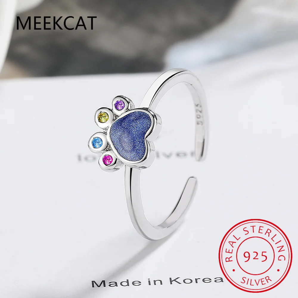 925 Sterling Silver Colorful Zircon Cat And Dog Paw Opening Ring Cute Pet Footprints Adjustable Ring for Women Birthday Gift