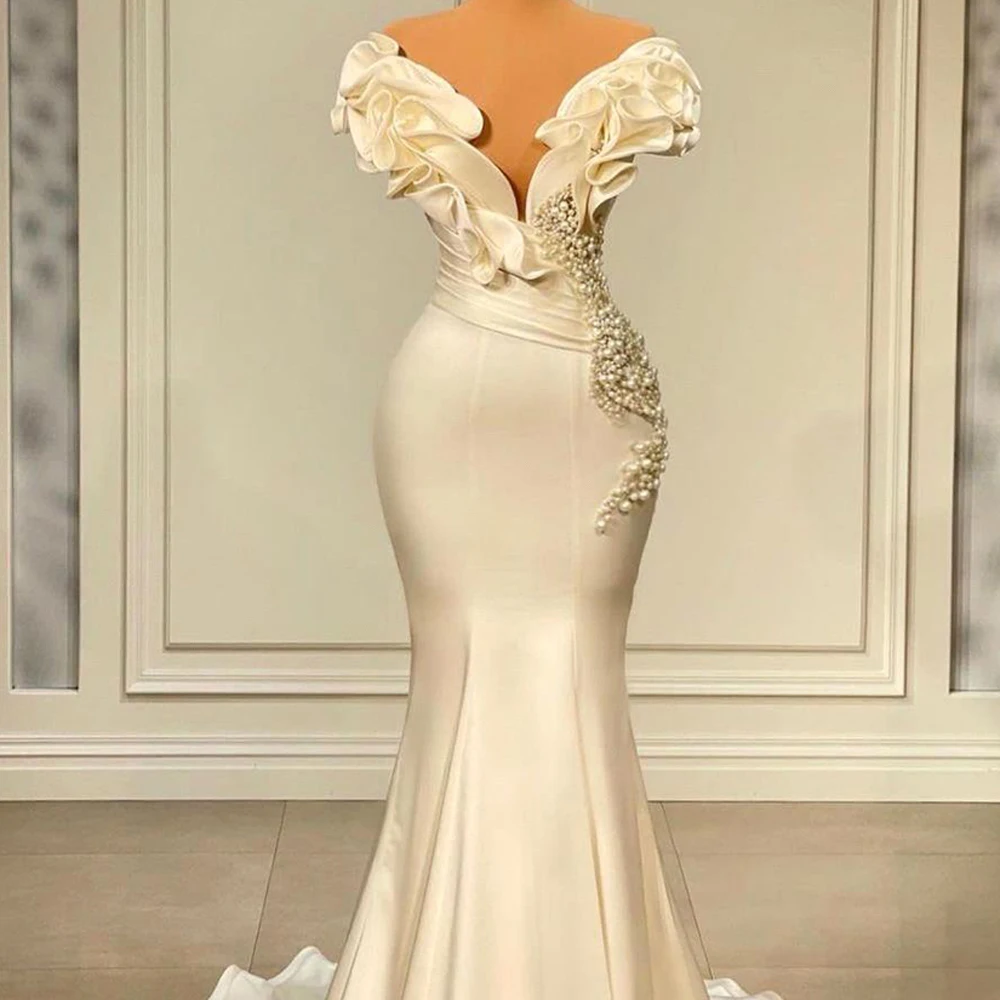 Long Luxury Evening Dresses 2023 Off The Shoulder Pearl White Satin Mermaid Dubai Women Formal Occasion Prom Party Gowns Vestido