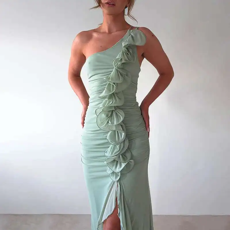 Sexy Backless Slim A-Line Casual Ruffled Irregular Beach Long New 2025 Summer Lady Slanted Collar Draped Split Dress