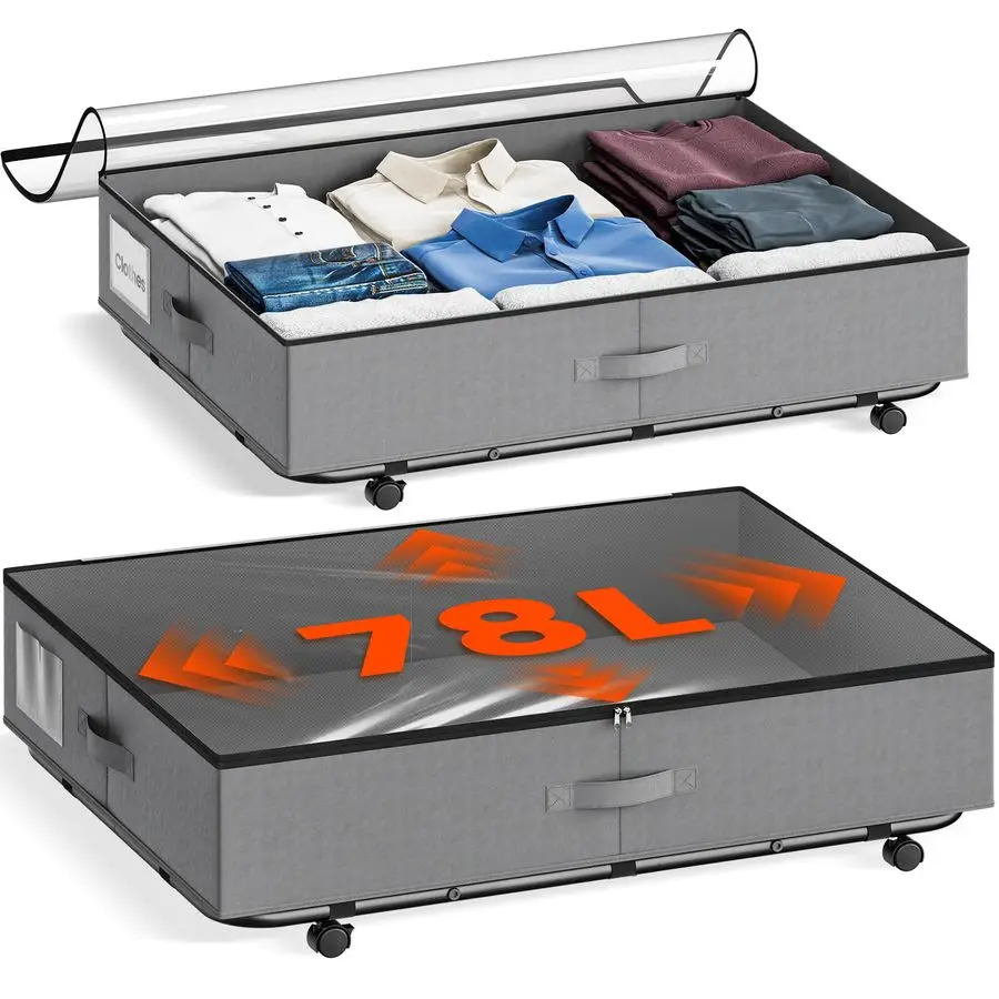 

78L Under Bed Storage with Wheels, Rolling Storage Containers with Support amp Clear Lid, HeavyDuty Metal Frame, Easy Pullout, U