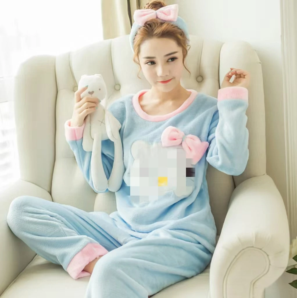 Autumn and Winter Thickened Warm Facecloth Pajamas Homewear Female Winter Coral Velvet Cute Cartoon Ladies Pajamas Homewear Suit