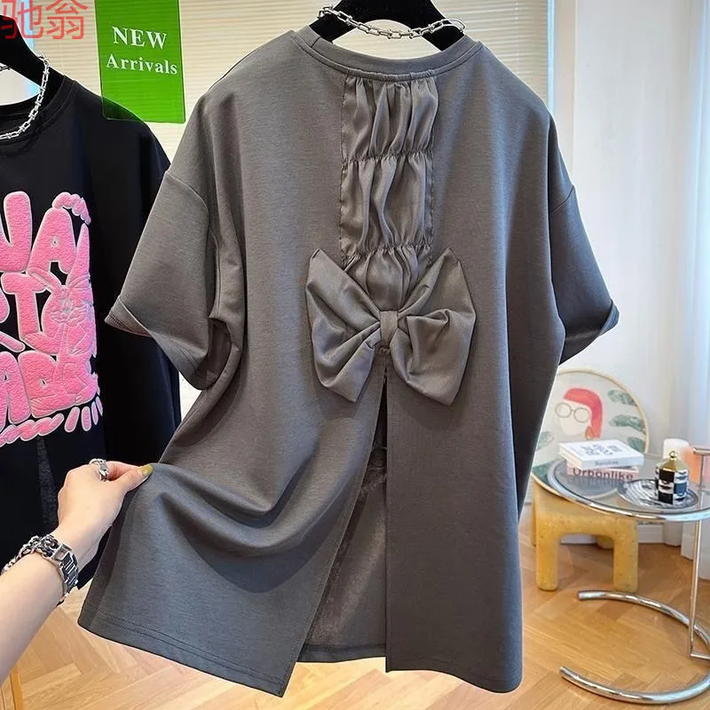Cotton Back Slit T-Shirt for Women 2026 New Round Neck Bow Knot Casual Versatile Tops Summer Oversized Letter Loose Blouse