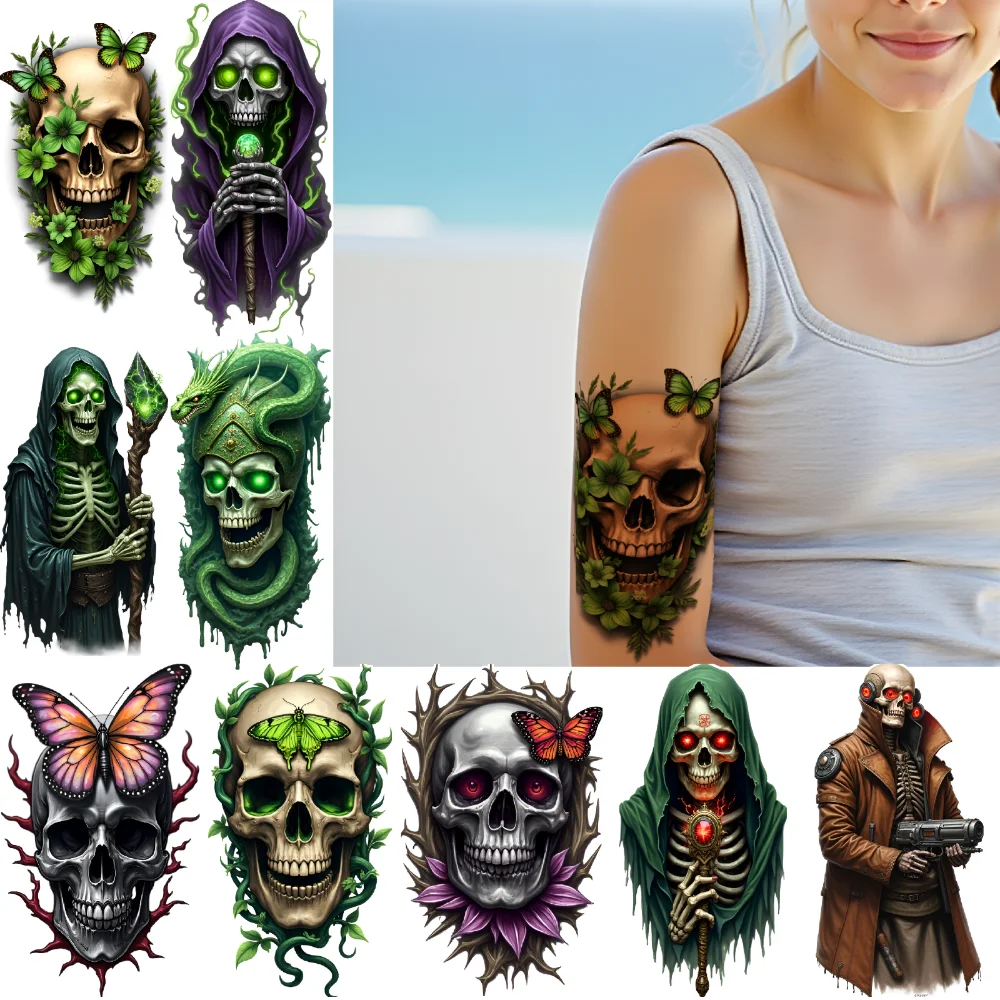 

3pcs Temporary Tattoo Skull With Green Leaves Waterproof Long-lasting Body Stickers Skull With Moth Green Hooded Skeleton For