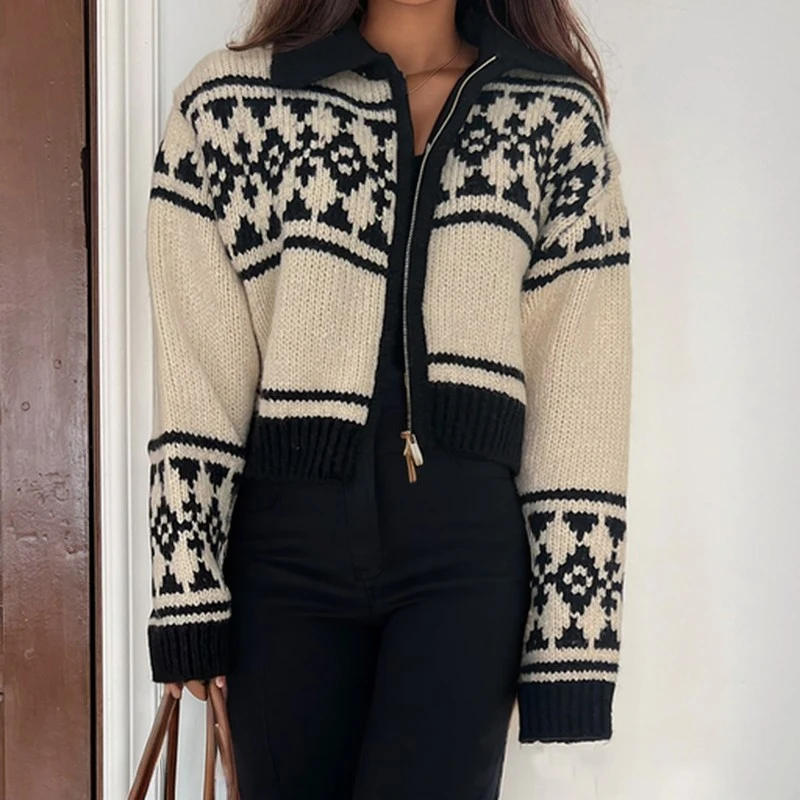 

Elegant Jacquard Zipper Lapel Knitted Cardigan Sweater Casual Korean Jackets Chic Winter Simple Coats Retro Fashion Knit Tops