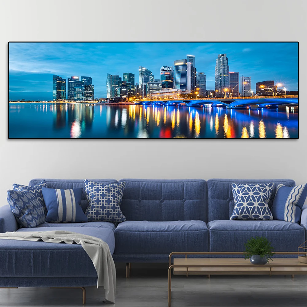 Modern Skyscrapers City And Bridge Night Landscape Wall Poster And Prints Canvas Art Painting Picture For Living Room Decoration