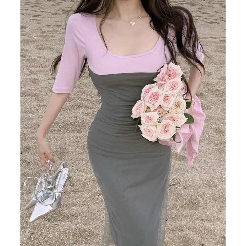 Women's Clothing Dress Spicy Girls Panel Mid Sleeve Pink Grey Contrast Slim  Long Dress Design Pleated Show Thin Wrap Hips Skirt