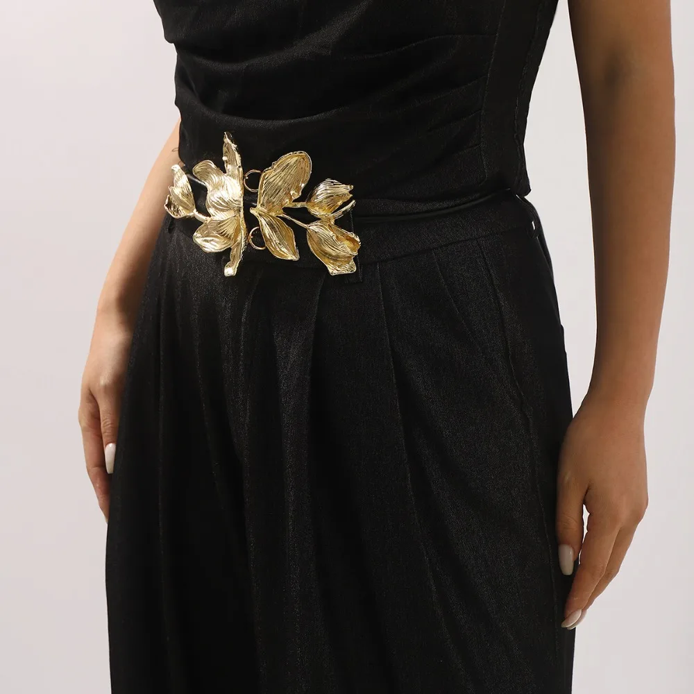 ファッションヴィンテージチューリップウエストチェーンエレガントな大型合金フラワーベルトシンプルな穴あけ不要PUレザーロープベルト女性用