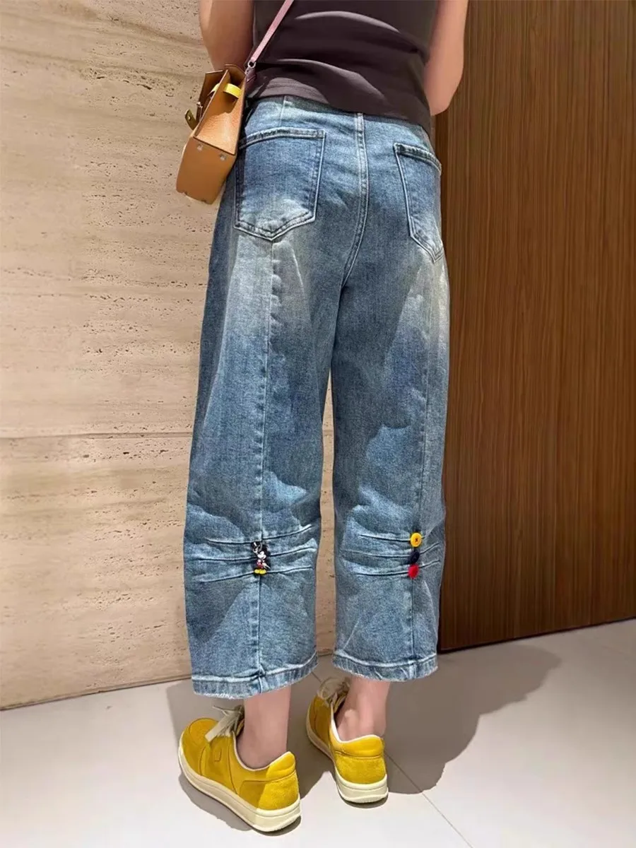 

Retro Mickey Color Buckle Wide Leg Jeans Women's Loose Fit Straight Leg Pants Spring New Style plus Size Comfortable Slimming
