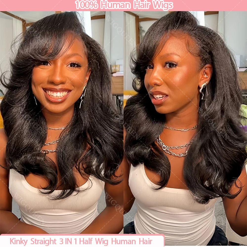 

Adjustable 3/4 Half Wig Kinky Straight Flexi-Fit Invisi 3 in 1 Half Wigs Flip Drawstring Wig 250% Density Yaki Straight Wigs