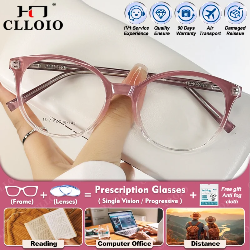 

CLLOIO Fashionable Women TR90 Round Myopia Prescription Glasses Blue Light Blocking Progressive Photochromic Optical Eyeglasses