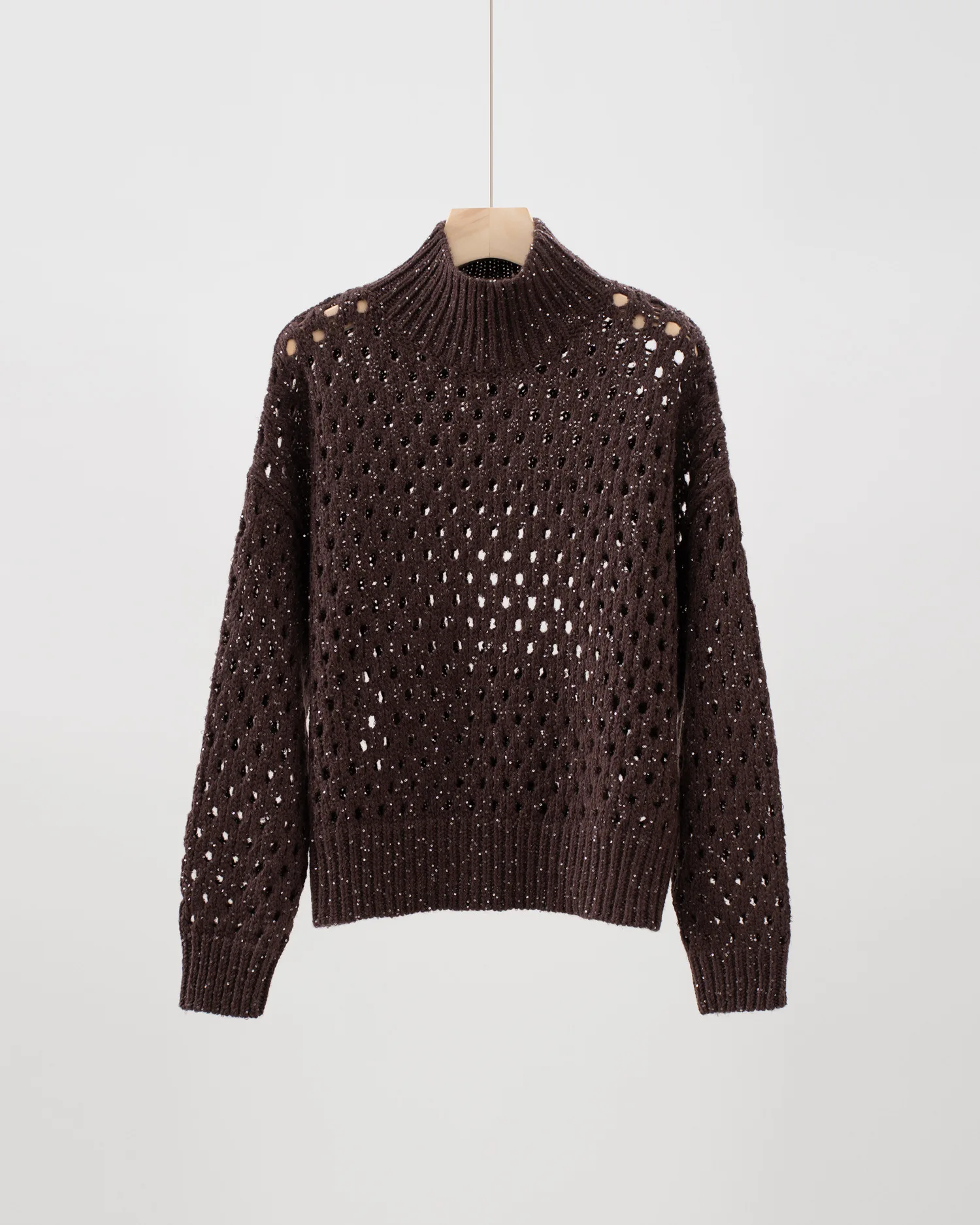 

2025 Autumn And Winter New Cashmere Wool Hollow Sequin Turtleneck Sweater Casual Temperament Versatile Knitted Tops For Women