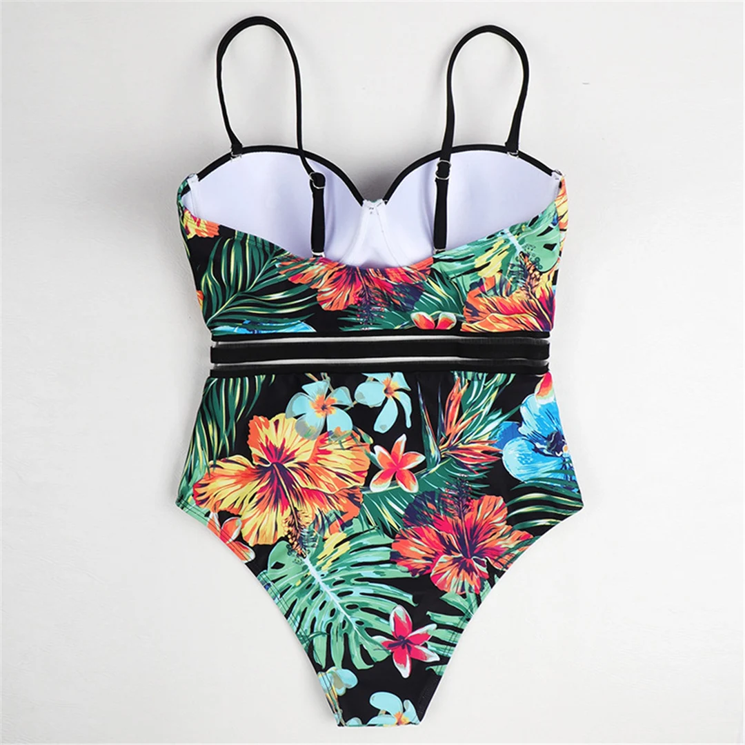 S - XL, mit Blättermuster, mit Bügel und integriertem BH, Damen-Badeanzug, einteiliger Badeanzug, Damen-Monokini, Badebekleidung, Badeanzug, Modell V5466. – Detail 11