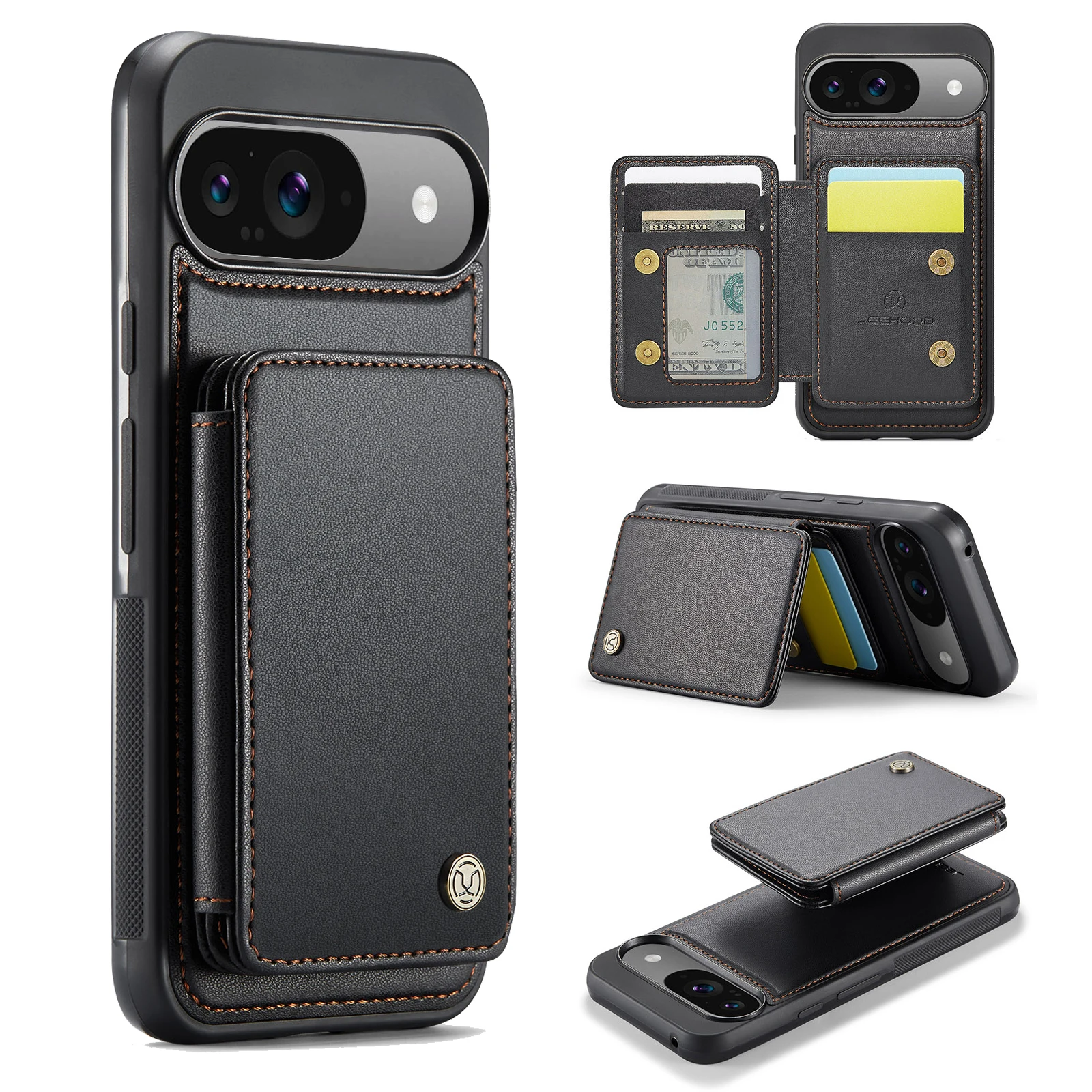 

Shockproof Leather Card Holder Wallet Case For Google Pixel 9 Pro, 2in1 Detachable Magnetic Card Slot Flip Kickstand Phone Cover