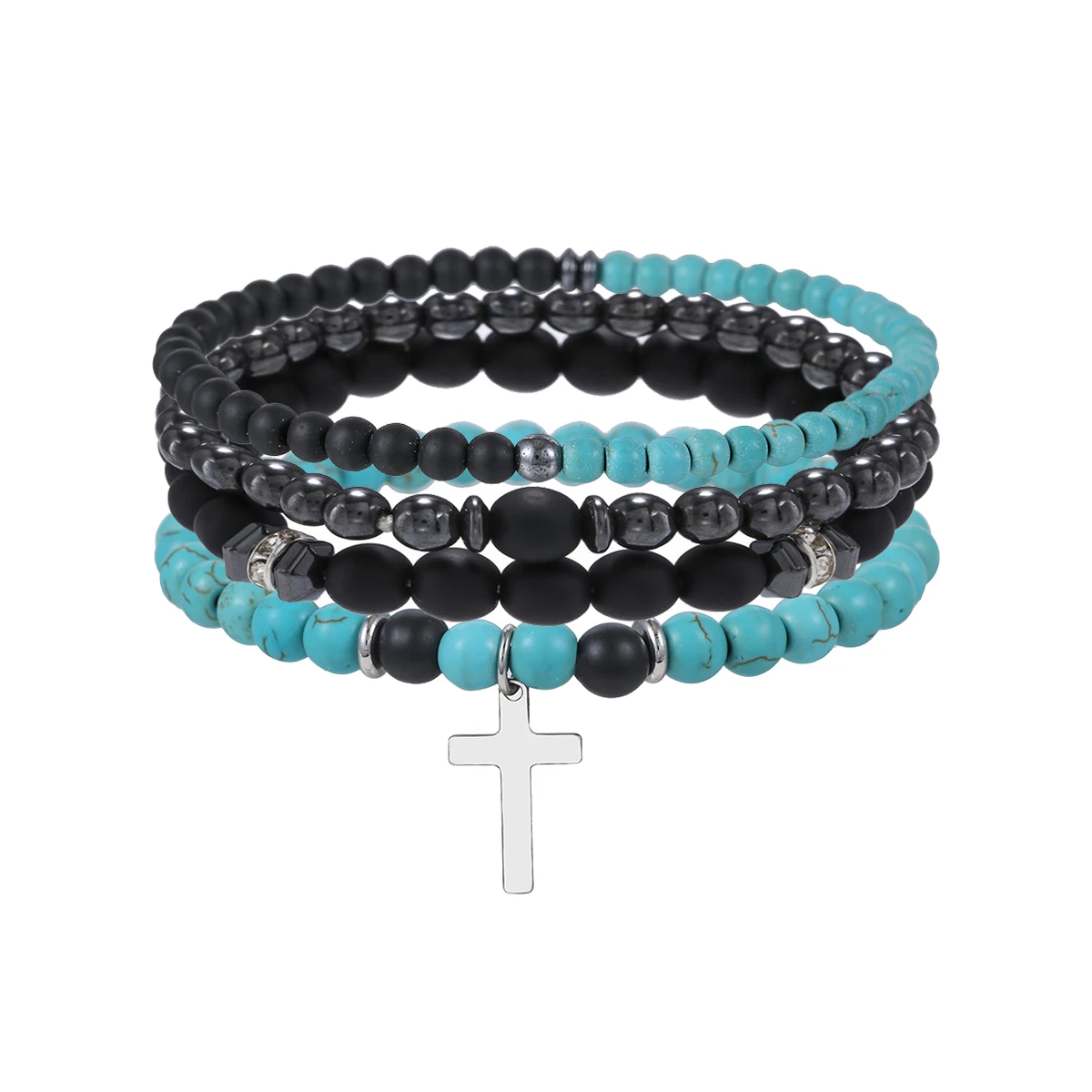 4 Stks/set Zwarte Galsteen Vulkanische Steen Houten Kralen Multi-Layer Heren Combinatie Elastische Armband Voor Paar Vrienden Sieraden