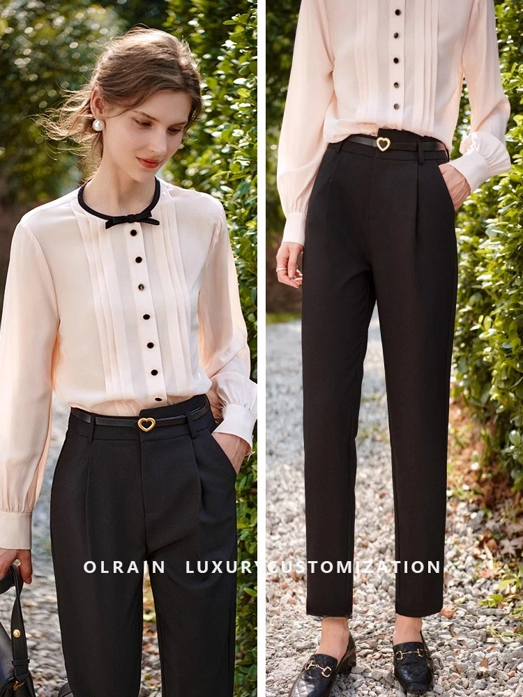 

OLrain Black Tailored Cigarette Pants Women's Autumn Belt High Waist Suit Pants Casual Chic Slacks Ladies Clothes M56QK53630