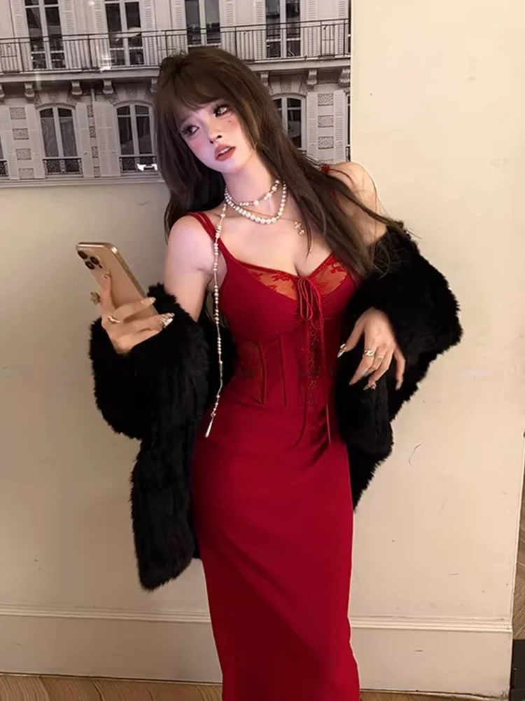 REDDACHiC vrouwen Uitgebeend Cinched Jurk Rode Stitch Kant Corset Spaghetti Band Bodycon Maxi Lange Jurk Party Sexy Zomer kleding