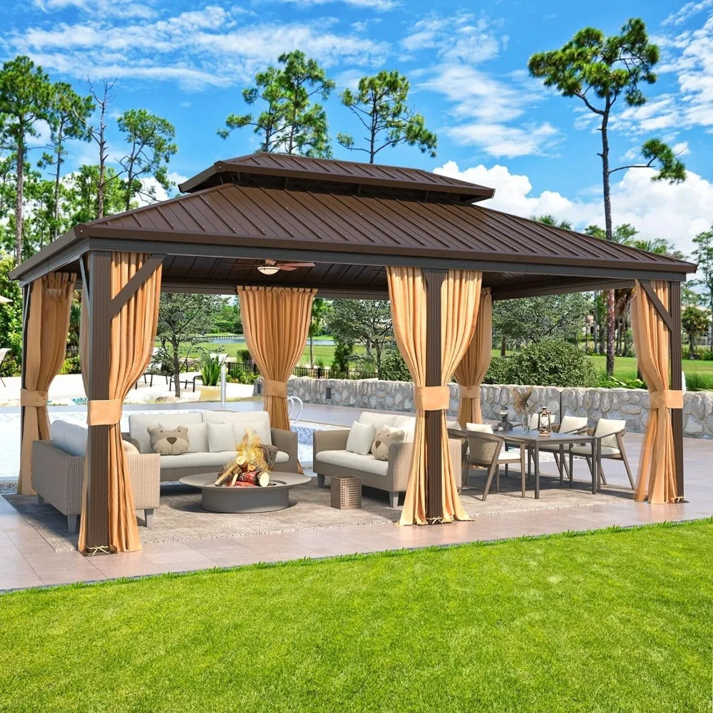 12'x18' Hardtop Metal Gazebo with Aluminum Frame, Double Galvanized Steel Roof, Curtains and Netting Included, Gazebos Pergolas