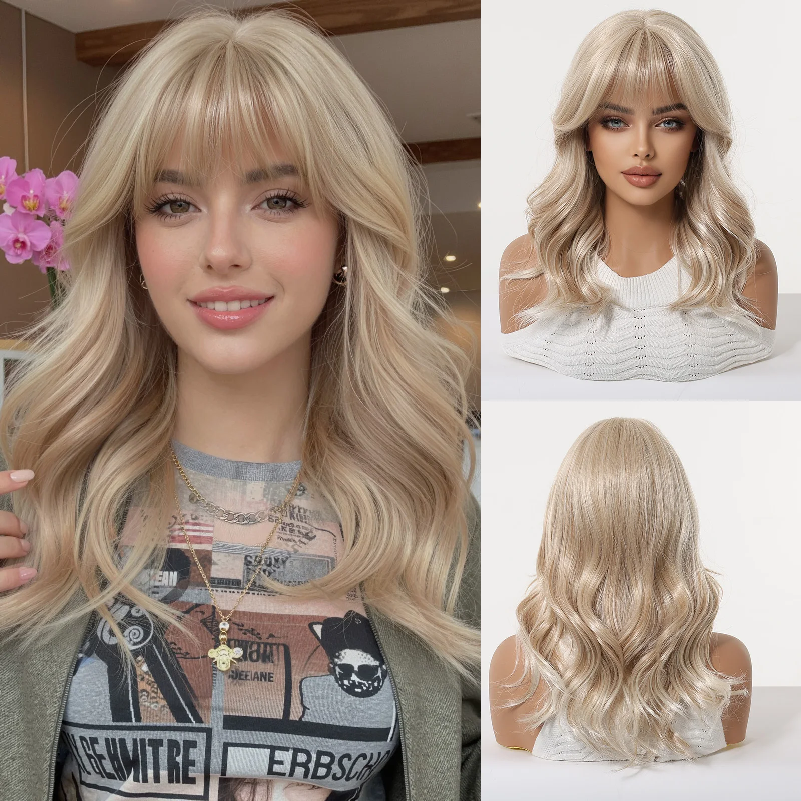 

Длинный волнистый парик Allbell Magique Blonde с челкой, естественный объем, для женщин, для повседневной носки, модный, для косплея, синтетический, термостойкий