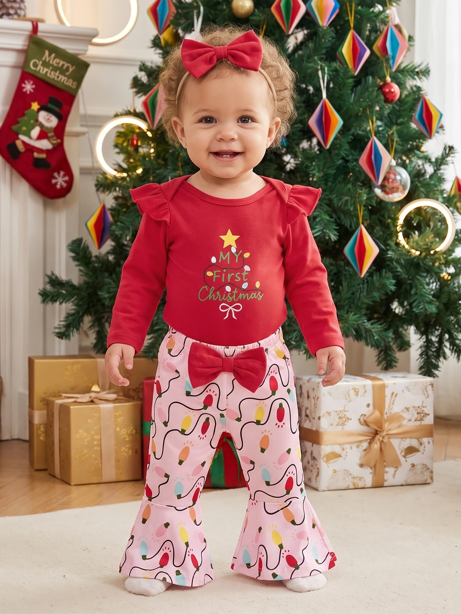 Flare Pants Headband Infant Girl Pants Girl-Christmas-Outfit Outfit Ruffle Long Girl Christmas Girl Romper Flare Pants