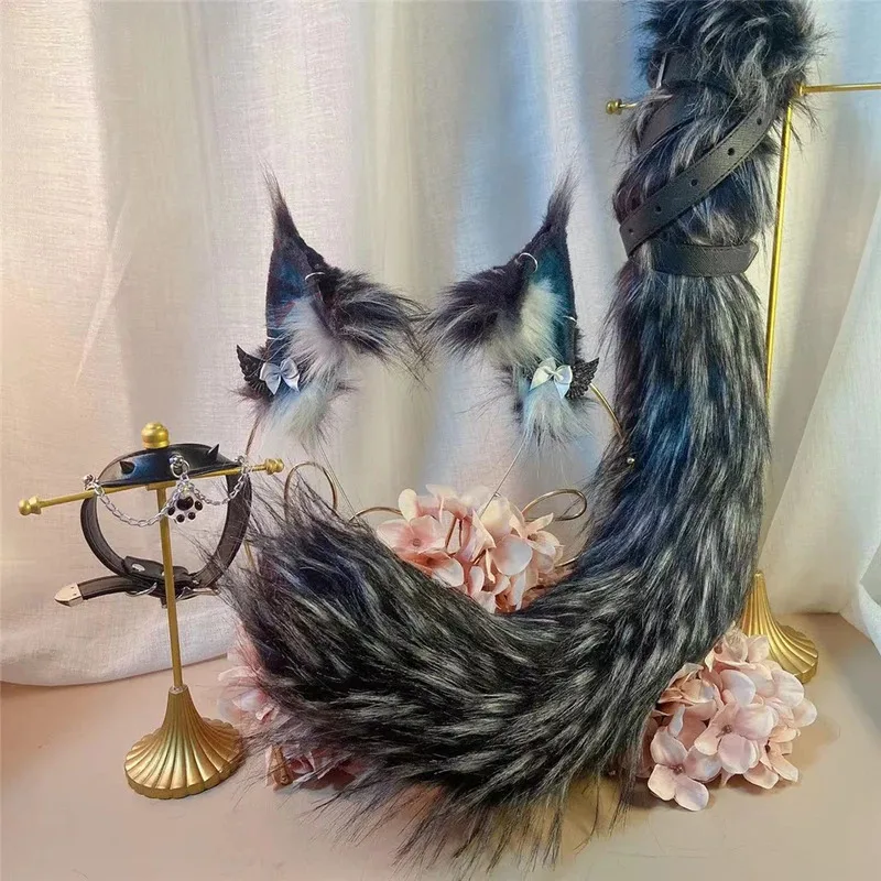 

Maine Kitten Coon Black Cat Ears Hairhoop Tail Necklace Earrings Cosplay Carnaval Gothic Lolita Acessories Hair Hoop Headwear