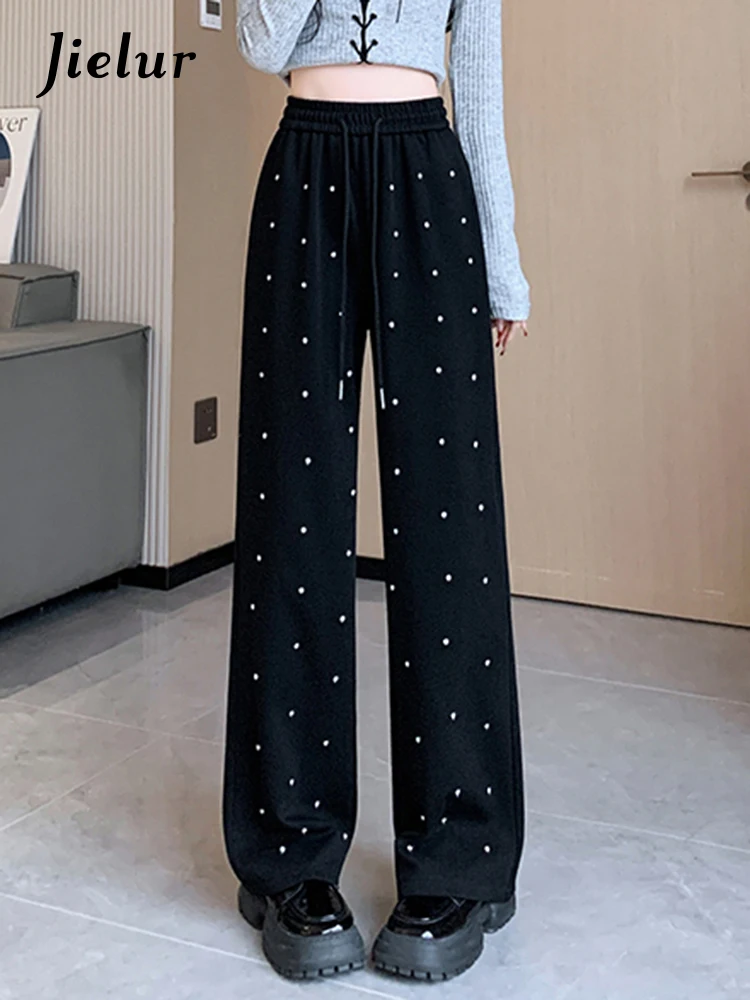 

Jielur Casual High Waist Office Lady Wide Leg Pants Solid Color Drawstring Straight Loose Slim Spring Women's Trousers Pockets