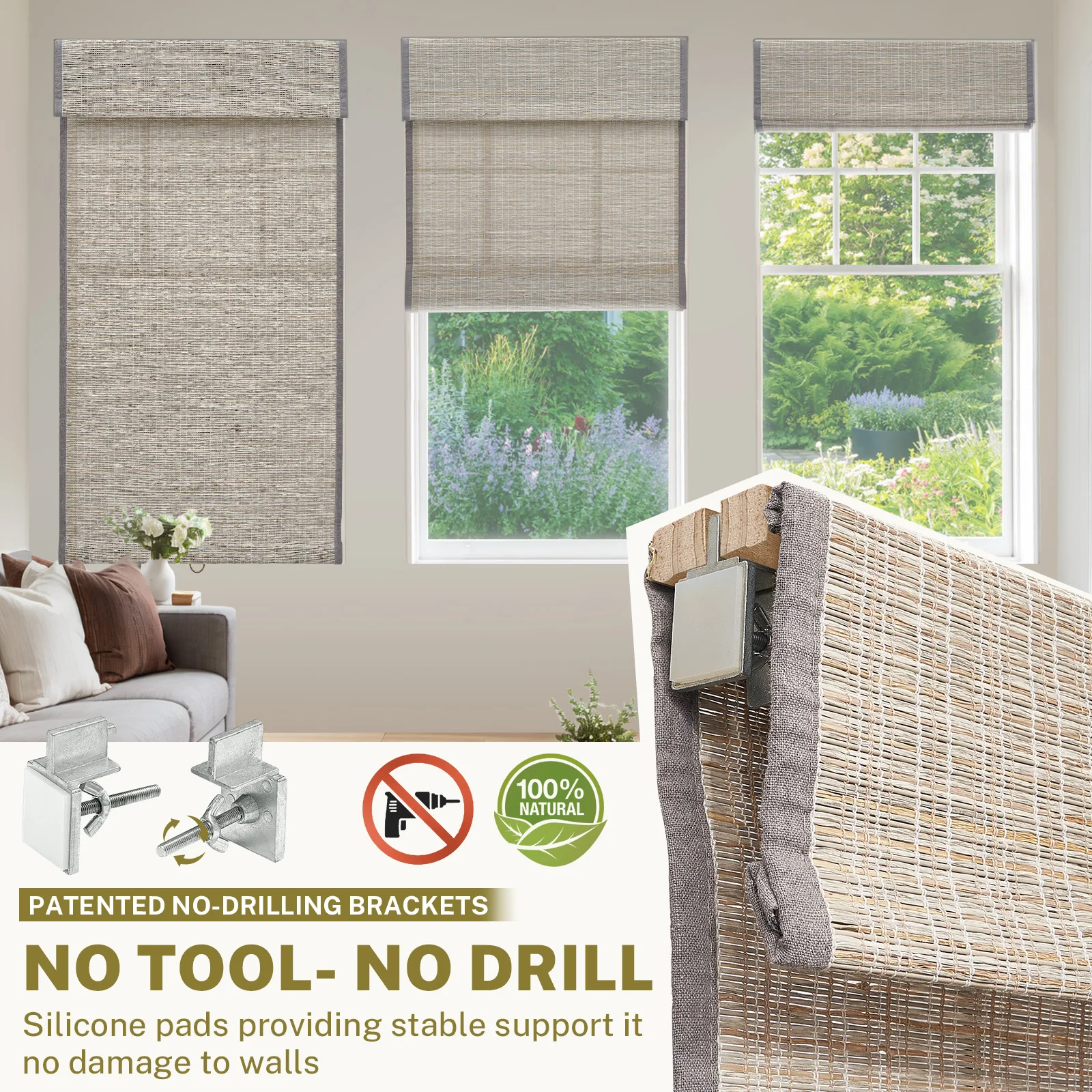 Moonice No Tools No Drill Cordless Roman Shades for Window Pure Linen Natural Hemp Grass Weaving Window Blinds Privacy Shades