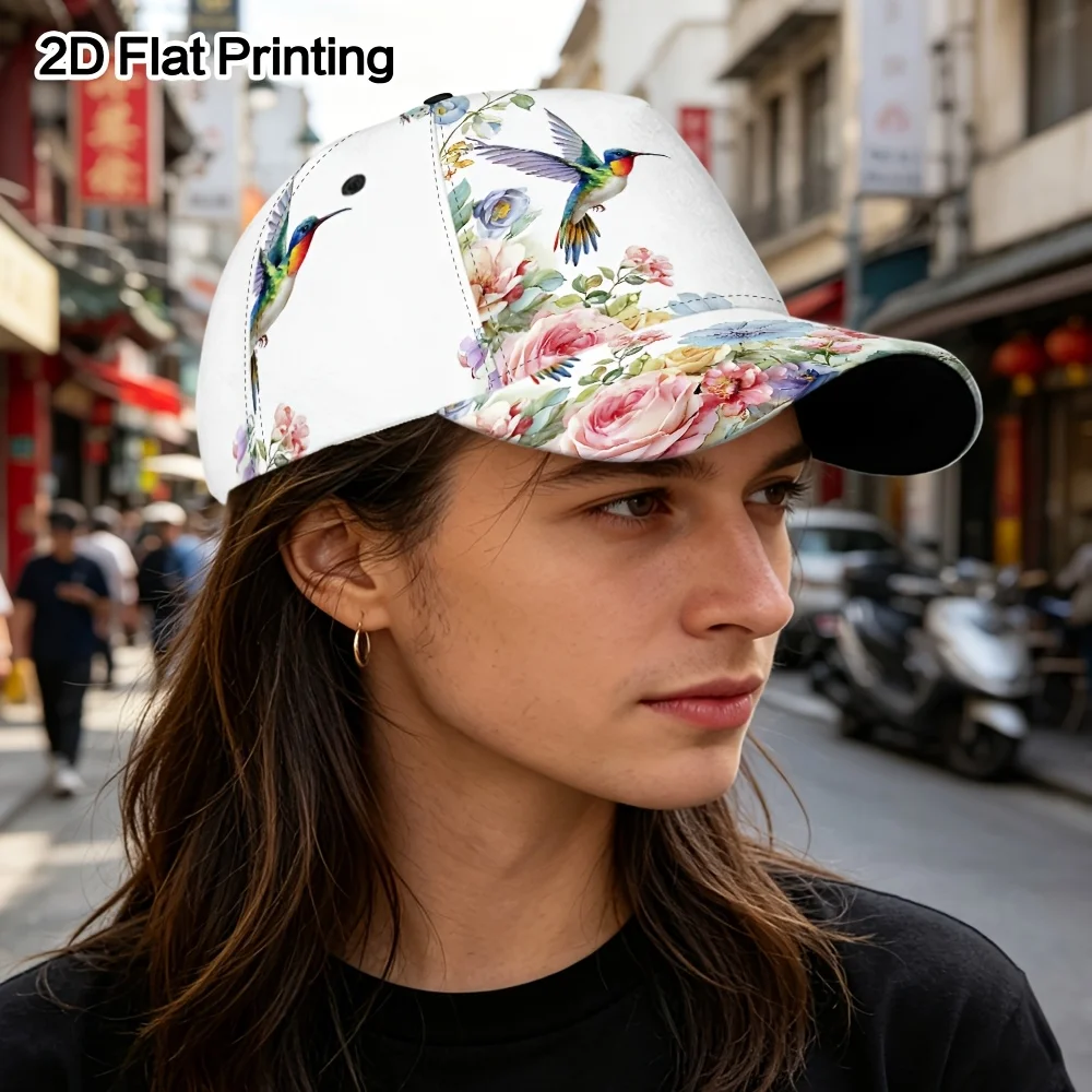 Custom 1pc 2D Flat Printing A Stylish And Easy Baseball Cap with Spring Floral Hummingbird Scene, Perfect for Outdoor Streetwear