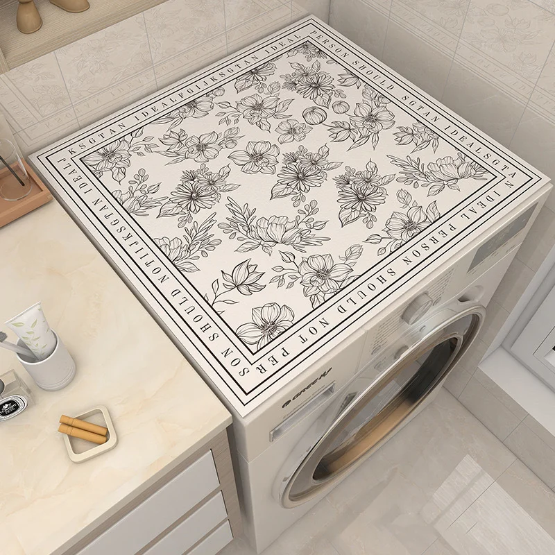 VIKAMA Ideal Floral Border Mat, Beige Black Line Art Washing Machine Laundry Room Cover,Bohemian Home Decoration