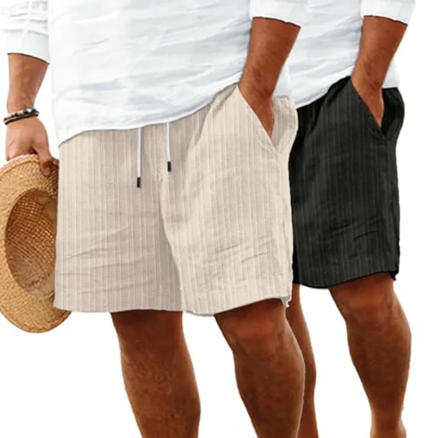 

Мужские льняные шорты с плоским передом, повседневные, с эластичным поясом и шнурком, летние пляжные шорты для отпуска с карманами, 9 дюймов