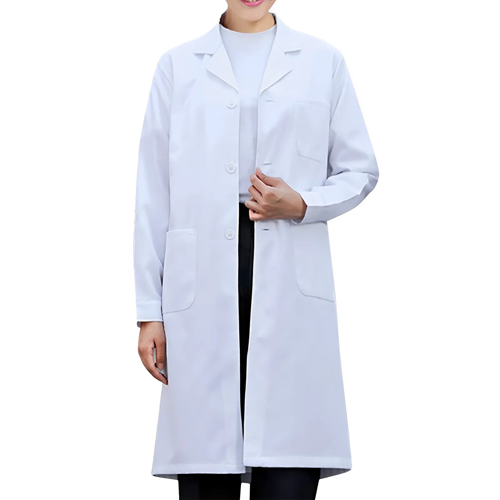 ผู้หญิงผู้ชาย Unisex แขนยาวสีขาว Lab Coat Notched ปกปุ่มลงพยาบาลทางการแพทย์หมอชุดเสื้อ