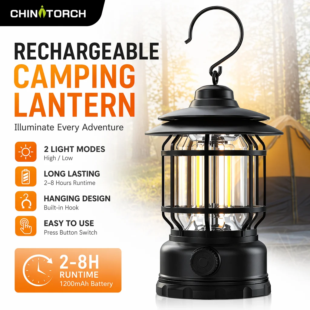 Retro Dimmable Camping Lantern 0-200LM, 1200mAh Type-C Rechargeable LED Light with Hook,Emergency Lamp for Camping Hiking Garden
