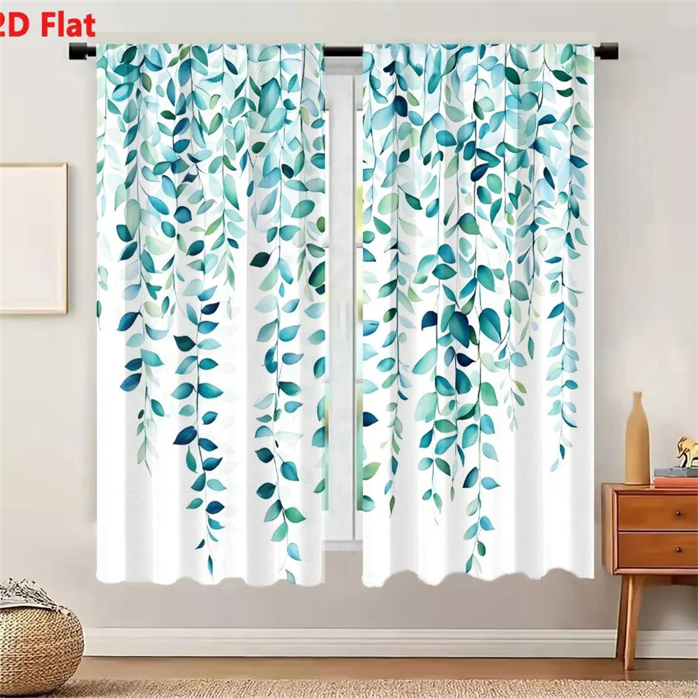 2Pcs Curtains Watercolor Illustration Of Cascading Teal And Mint Foliage On White Background Window Drapes for Bedroom Room Deco