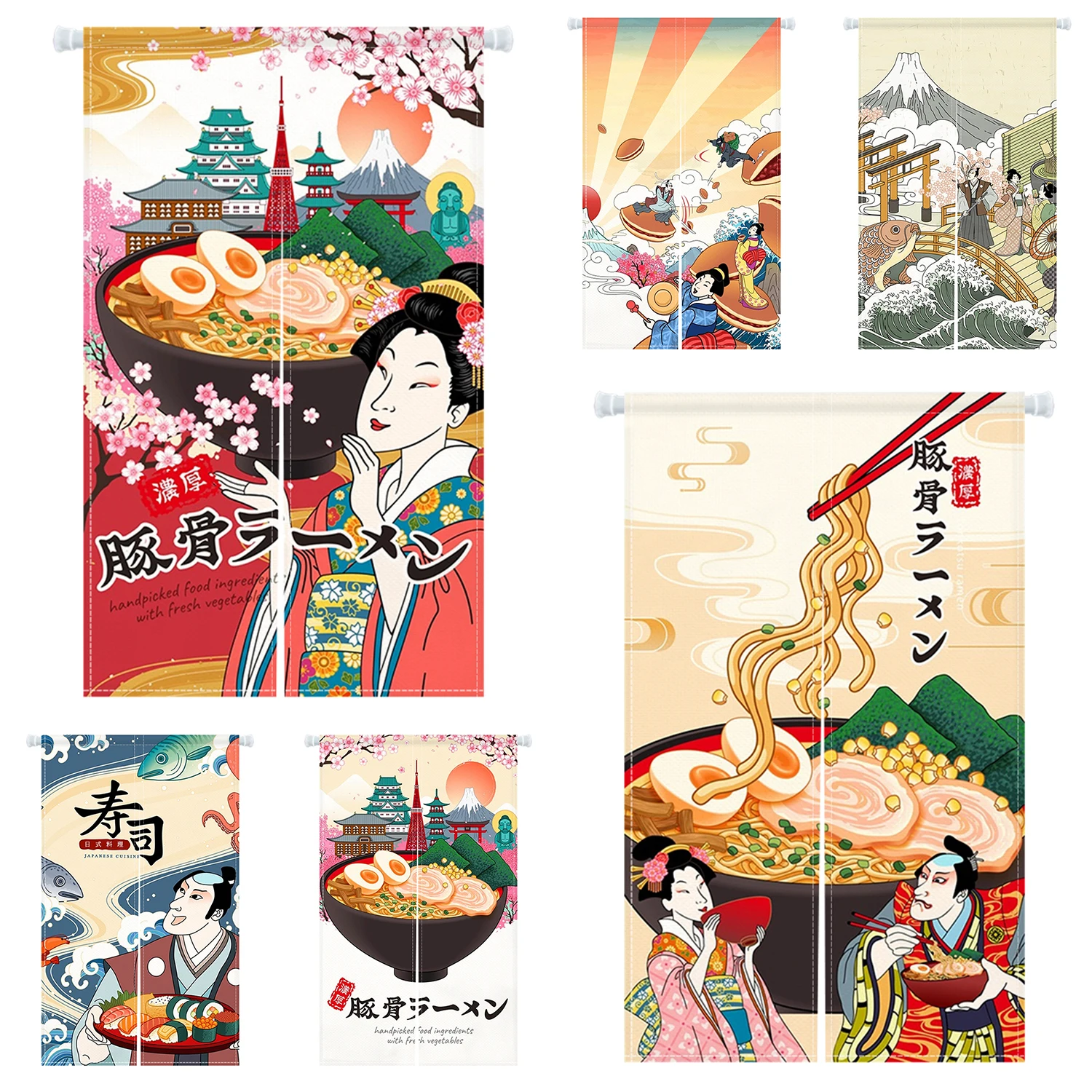 Japan Style Ramen Store Sushi Door Curtain Noren Kyoto Geisha Girl Sakura Kitchen Tonkotsu Ramen Restaurant Partition Curtain