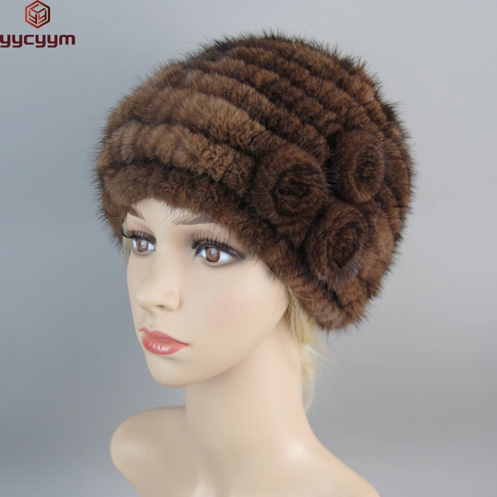 

Winter Luxury Women's Genuine Real Knitted Mink Fur Hat Female Winter Warm Ear Caps Fashion Headgear Natural Mink Fur Bomber Hat