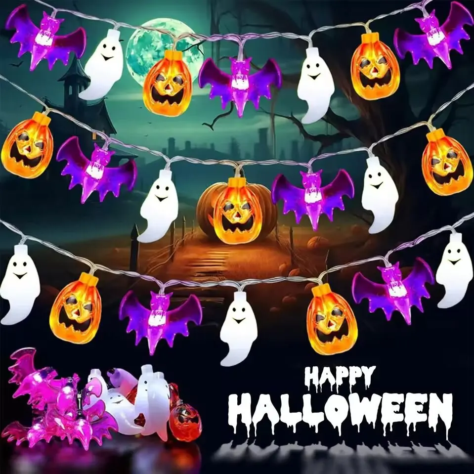 1PC ฮาโลวีน String Light แบตเตอรี่ขับเคลื่อน 3D ฟักทองค้างคาว Ghost ไฟโคมไฟตกแต่งฮาโลวีนสําหรับงานปาร์ตี้ (ไม่รวมแบตเตอรี่)