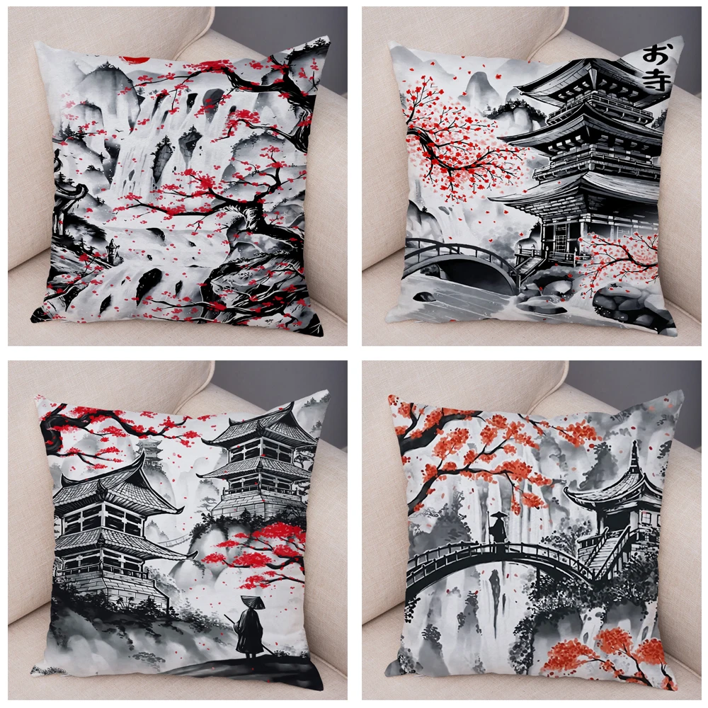 Japan Style Ink Warrior Cushion Cover for Sofa Home Double Print Decor Beautiful Scenery Girl Pillowcase Soft Plush Pillow Case