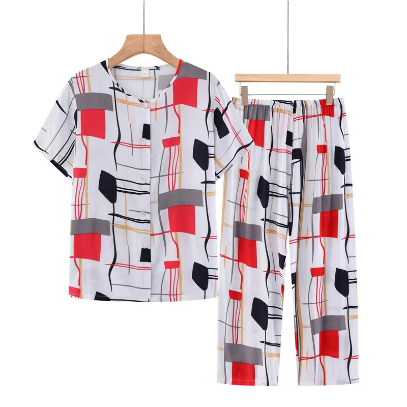UHYTGF Women\'s Summer Two-Piece Set Printed Cotton Silk Thin Home Clothes Middle-Aged Elderly Loose Big Size Tracksuit Suit 2426