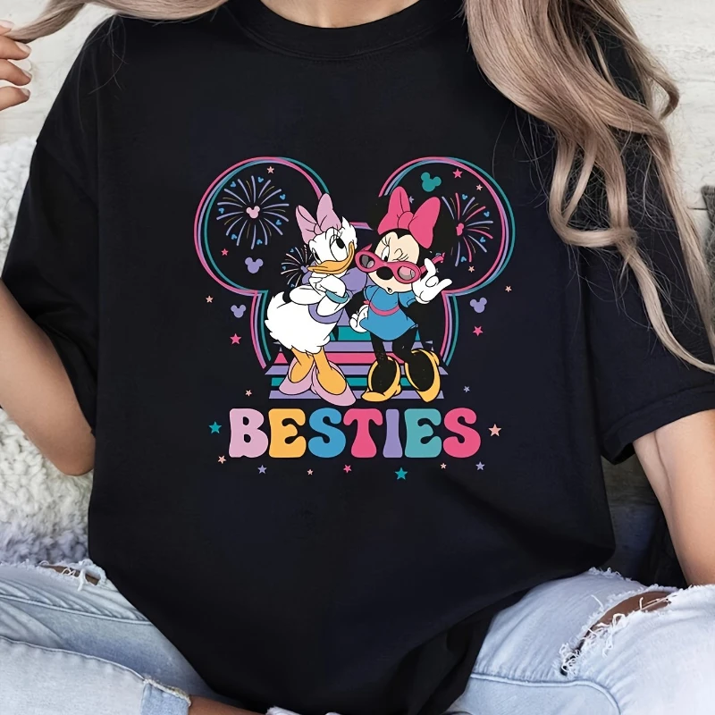 Disney Authorized T-Shirt mit Mickey-Print, kurzärmeliges, lässiges Oberteil mit Rundhalsausschnitt, geeignet für Sommer und Frühling, Damenbekleidung