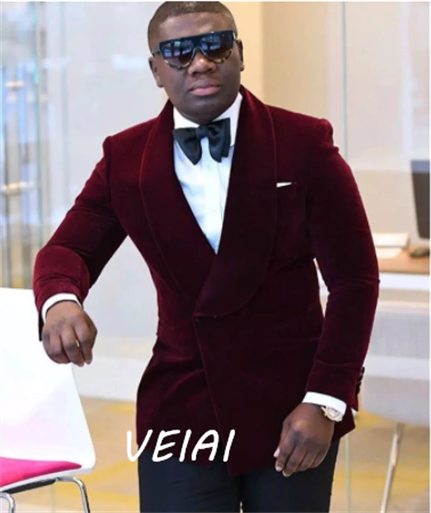 カスタムメイドのバーガンディベルベットカジュアルメンズスーツ、ダブルブレストウェディングプロムスリムフィットグルームタキシード、ツーピースブレザーパンツ、男性用ファスナー