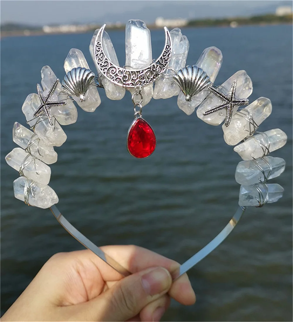 Raw Crystal Quartz Crown Headband Rhinestone Tiara Mermaid Hair Accessories for Women Party Wedding